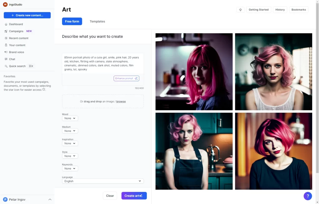 Jasper AI Art Generator with Free-Form or Templates, Mood, Medium, Inspiration, Style, Keywords, and Language Options