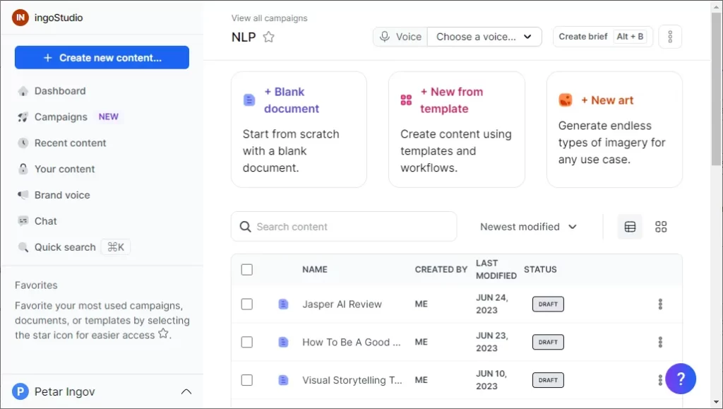 Jasper AI Dashboard where you can use Jasper Chat, create your Brand Voice or start New Campaigns