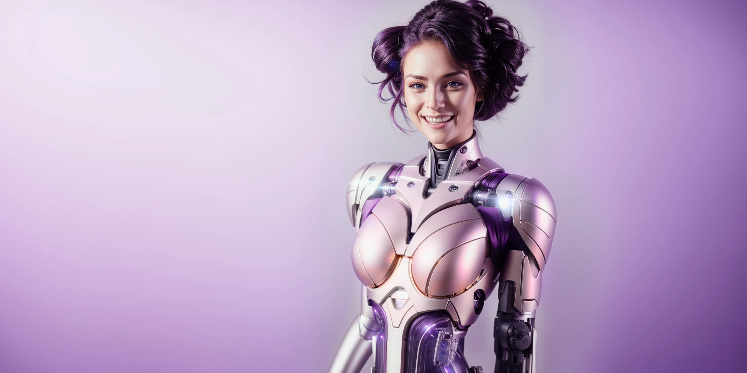 A female storyteller, android, biomechanical, cyborg, with a smile on her face and arms, standing in front of a purple background, cybernetics